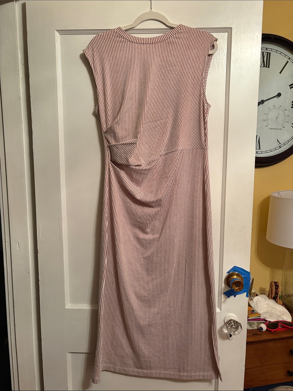 LOFT Brown and White Striped Seersucker Midi Dress
